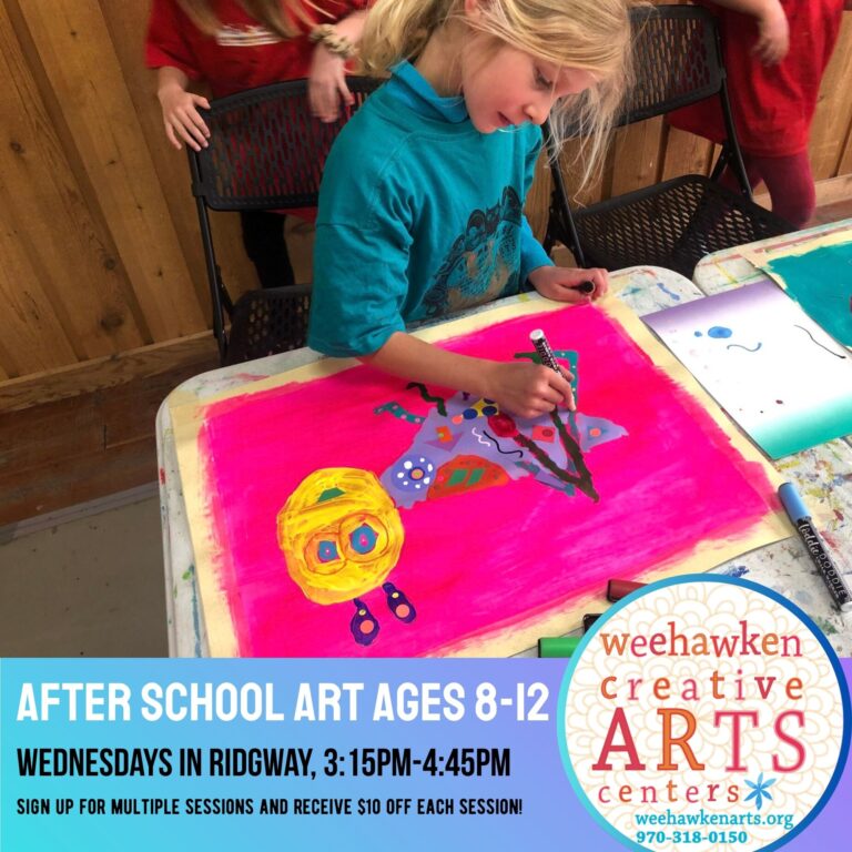 A child sits at a table painting a bright pink artwork featuring colorful shapes and characters during an after-school art class. A flyer overlay at the bottom advertises “After School Art Ages 8–12” in Ridgway on Wednesdays from 3:15 to 4:45 PM, offered by Weehawken Creative Arts.