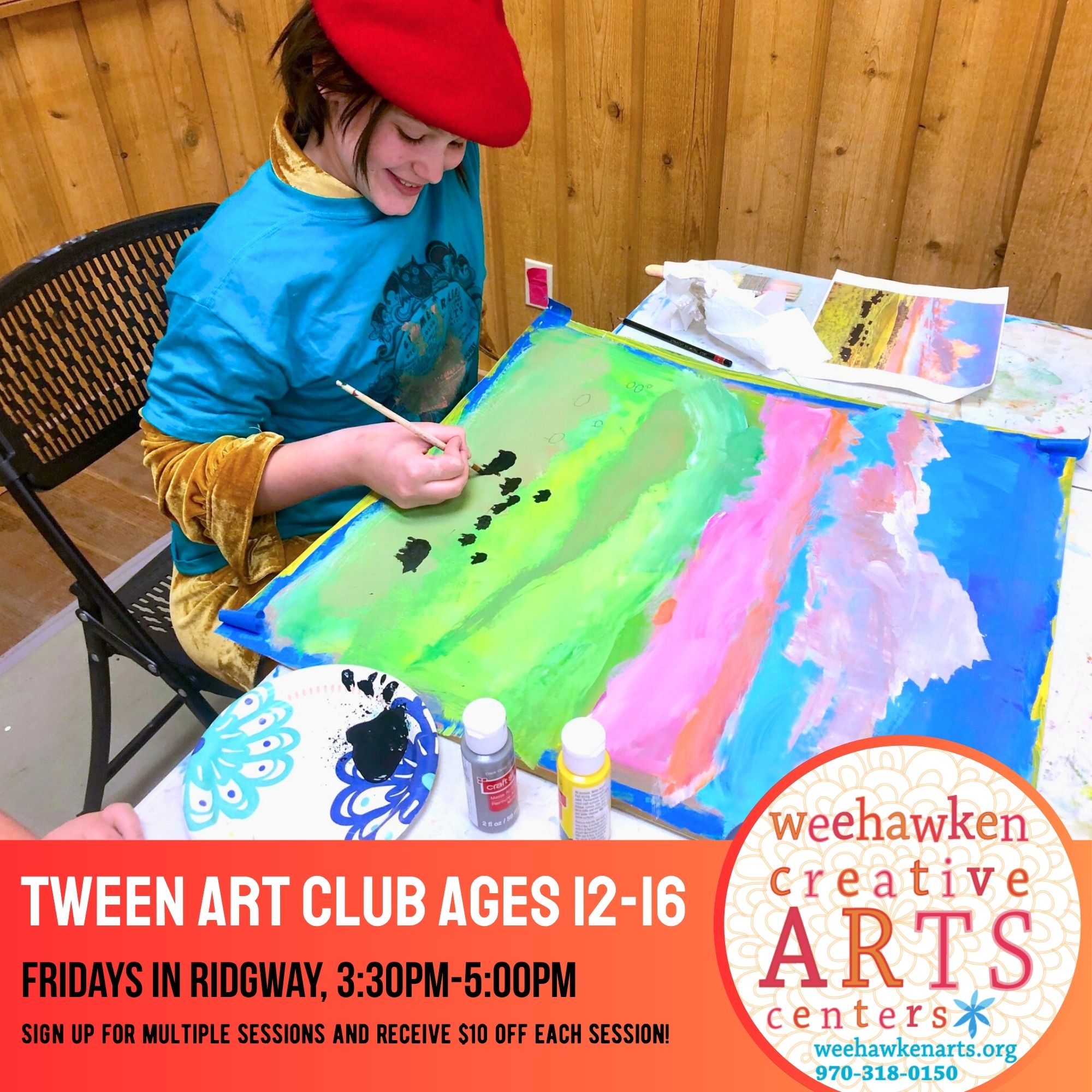 A tween paints a colorful landscape using bright greens, blues, and pinks during an art class. A banner below the image advertises “Tween Art Club Ages 12–16” on Fridays in Ridgway from 3:30 PM to 5:00 PM, offered by Weehawken Creative Arts.