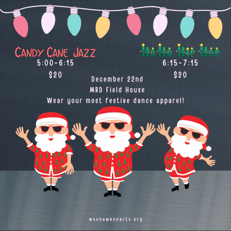 Holiday dance class flyer featuring three cartoon Santas in festive red outfits and sunglasses, with class details for Candy Cane Jazz and Ho Ho Hip Hop on December 22 at MRD Field House.