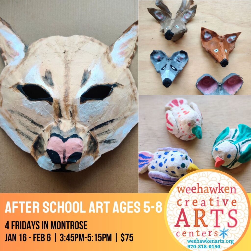 Handcrafted animal masks and small clay sculptures created by children, shown alongside text promoting an After School Art class for ages 5–8 in Montrose.