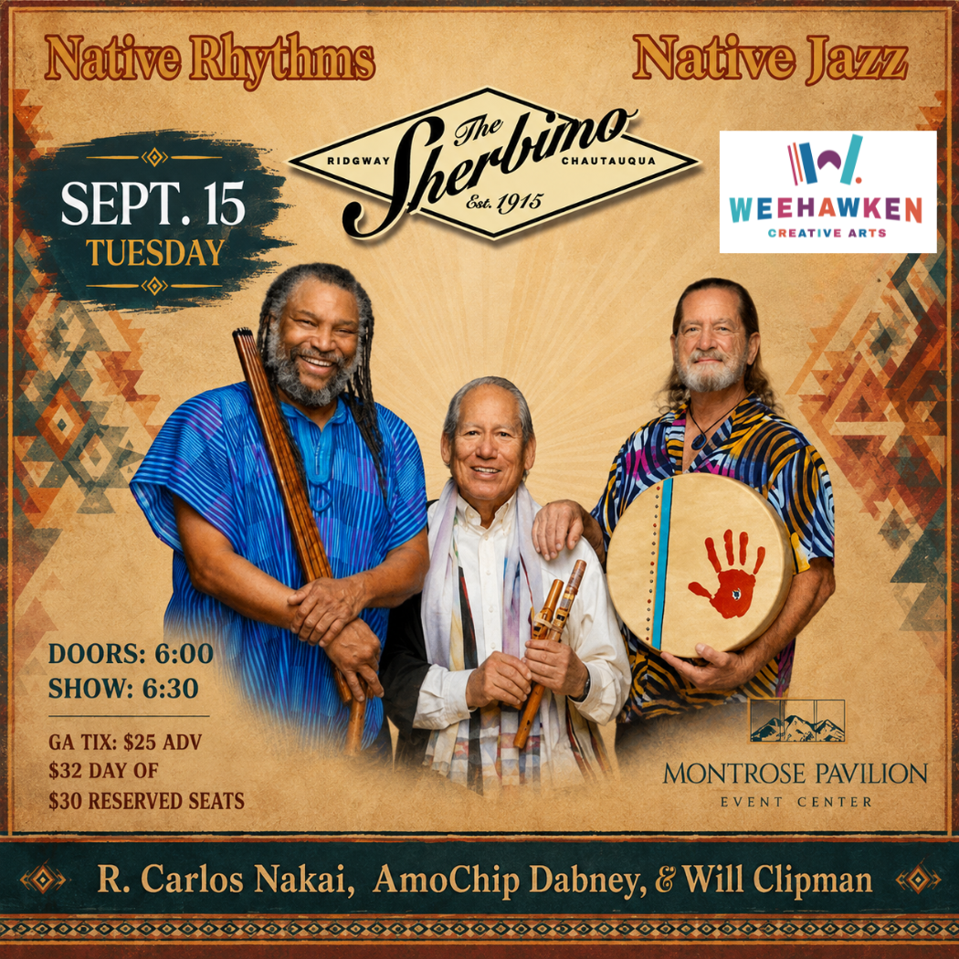 R. Carlos Nakai, AmoChip Dabney, and Will Clipman perform Native Rhythms, Native Jazz at the Montrose Pavilion on Tuesday, September 15, presented by The Sherbino and Weehawken Creative Arts.