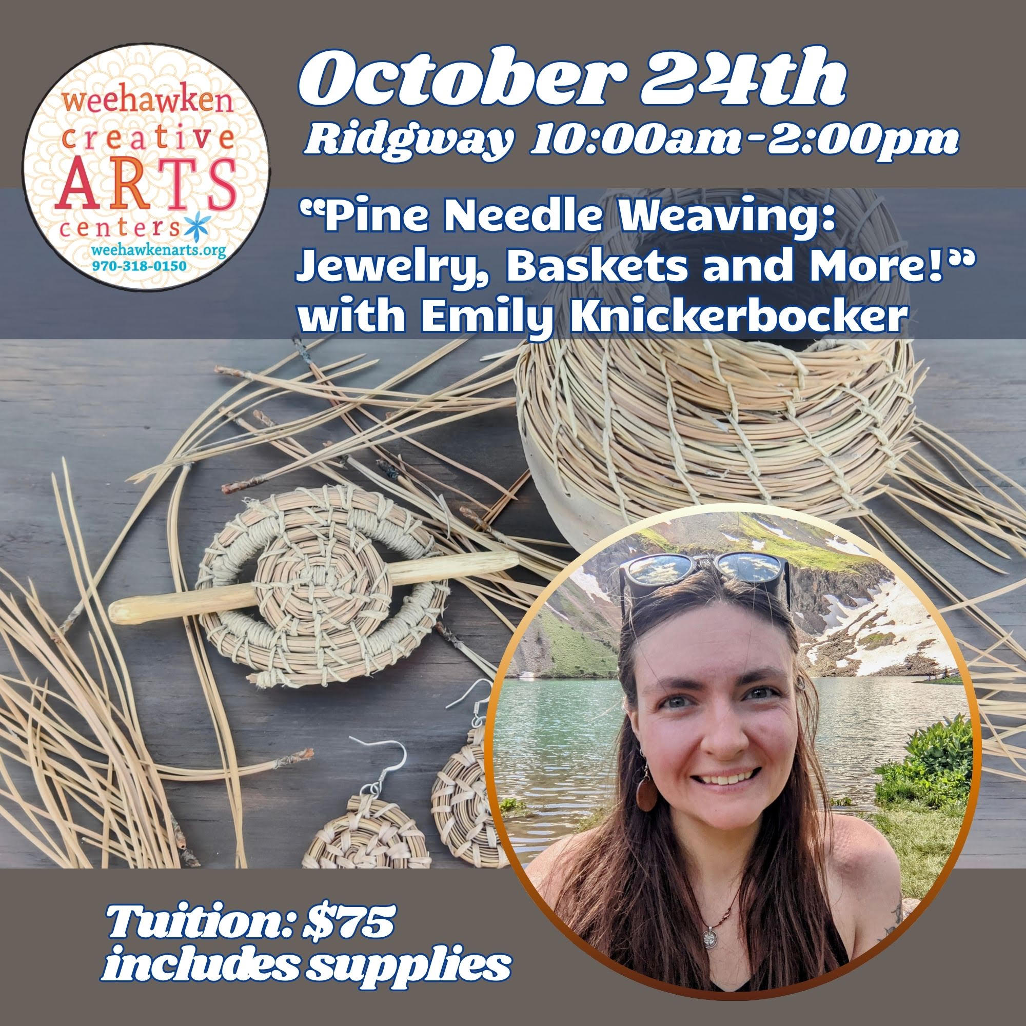 Handcrafted pine needle woven basket and jewelry made in a pine needle weaving class