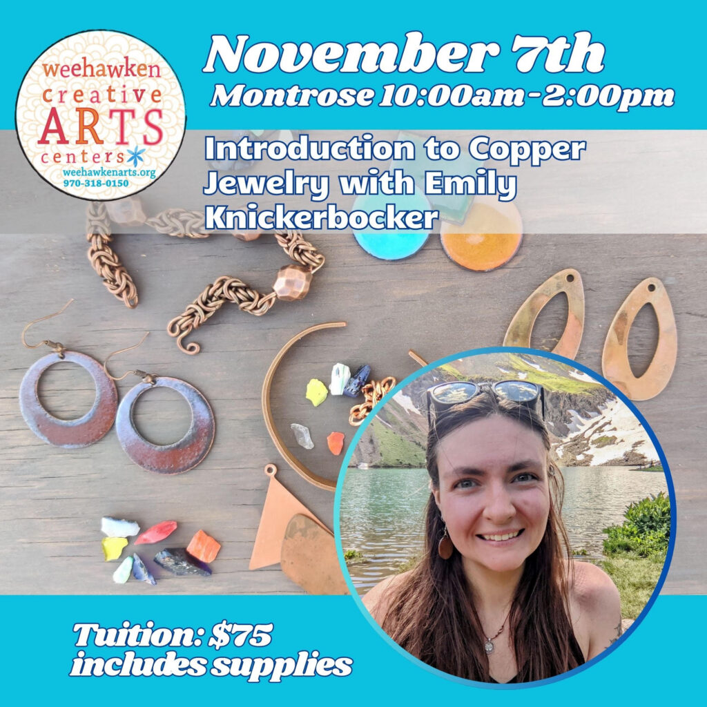 Copper jewelry handmade by students in an introductory jewelry making class
