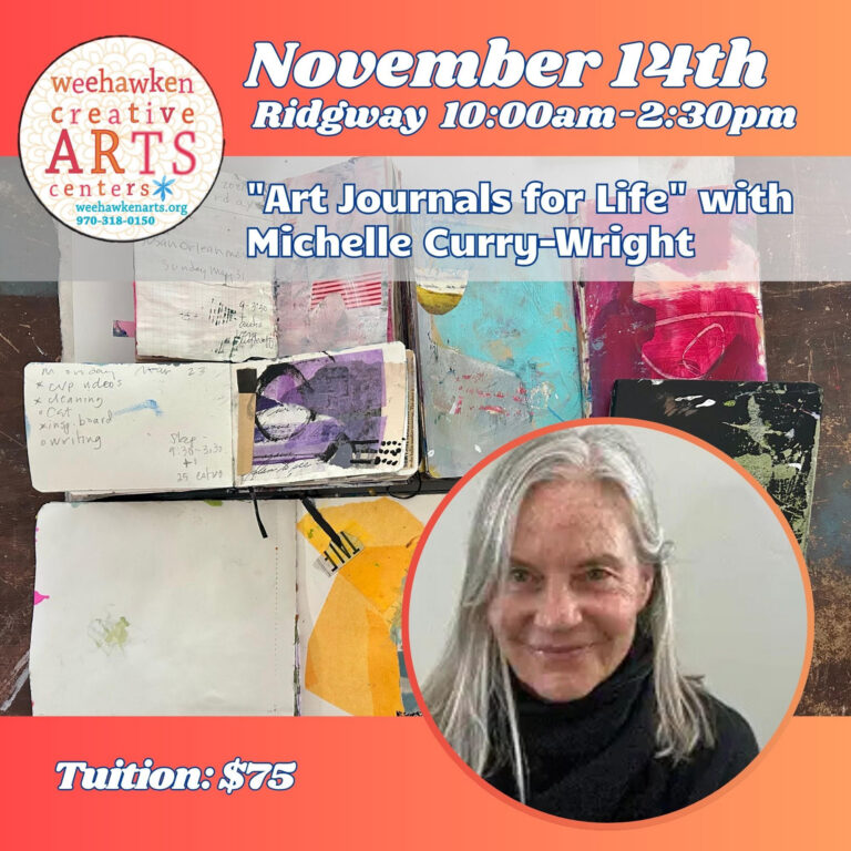 Creative art journal with collage, painting and handwritten pages from an art journaling workshop