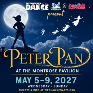 Peter Pan 2027 dance production poster featuring Peter Pan silhouetted against a full moon, flying children and event details for May 5–9 at the Montrose Pavilion.