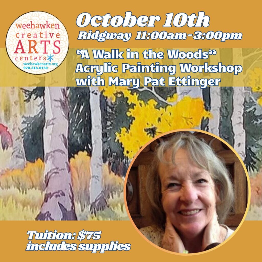 Golden fall aspens and mountains in an acrylic painting created in a watercolor style