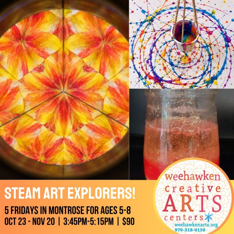 Children ages 5–8 creating colorful science-inspired art projects in a hands-on STEAM art class in Montrose
