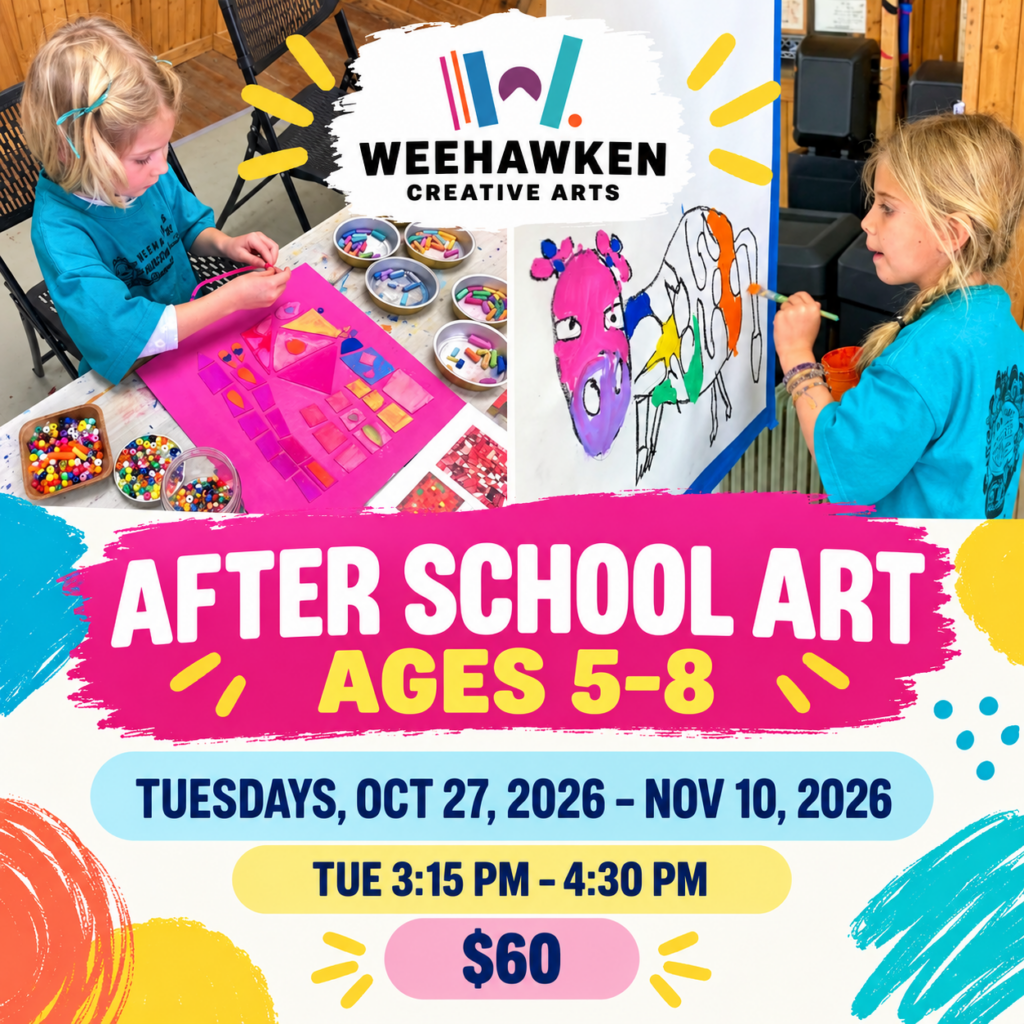 Two young students creating colorful artwork during a Weehawken Creative Arts class in Ridgway, Colorado. Promotional graphic for After School Art, ages 5–8, Tuesdays, October 27–November 10, 2026.